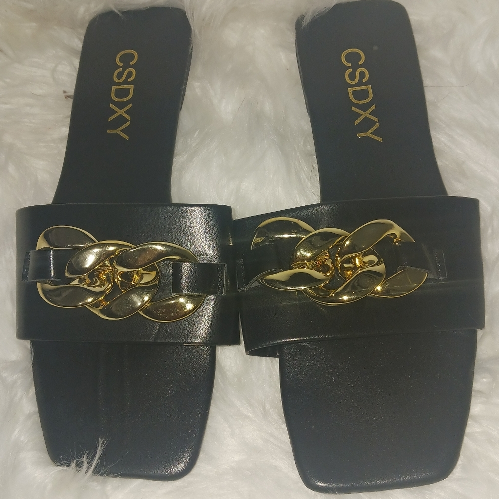 Women gold chain chunky square toe black flat sandals - Picture 3 of 8